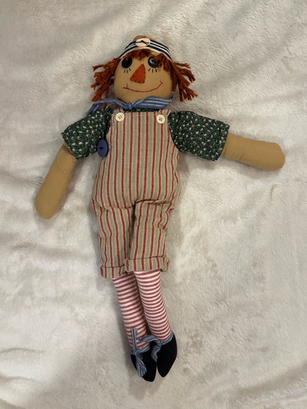 Handmade Country Rag Doll in Green, Red and Cream